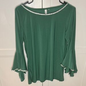 NY Collection Emerald Green Women's Top Bell Sleeves with Rhinestones
